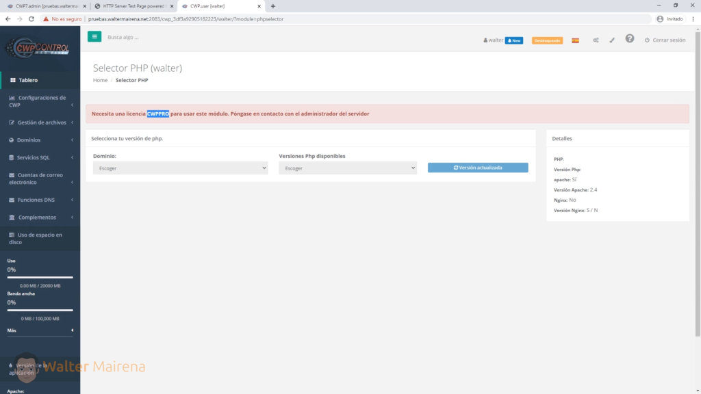 La versión de PHP es definida en el panel de control principal a menos que contemos con una licencia de CWP Pro.